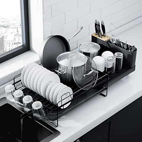 Dish Drying Rack, Kitchen Counter Dish Drainers Rack, Auto-Drain Drainboard  Expandable(19.1-26.9) Stainless Steel Large Strainers Drying Rack with  Pan Holder Utensil Holder Caddy Organizer, Black 