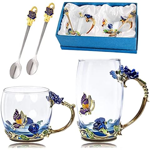 10 Oz Enamel Glass Tea Cup with Lid and Spoon, Fancy Tea Cup with Crown