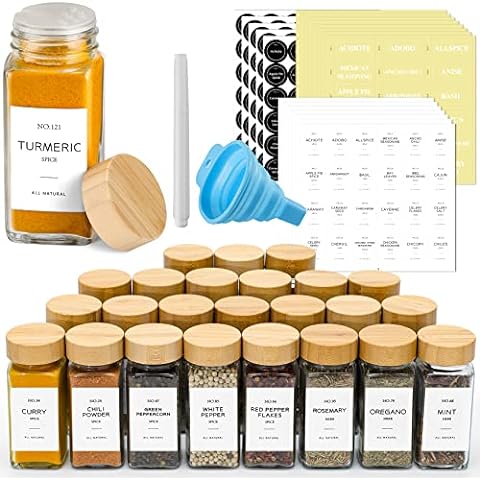 Spice Jars with Label-4oz 24Pcs, Glass Spice Jars with Bamboo Lids,Spices  Container Set with White Printed Spice Labels,Kitchen Empty Spice Jars with  Shaker Lids