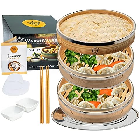  KITCHENCRUST Bamboo Steamer Basket for Chinese Asian Cuisine -  2 Tier 10-Inch Steaming Basket Bun Vegetable bao bun Steamer, bamboo steam  basket, Sauce Dish, Chopsticks, Reusable Liners: Home & Kitchen