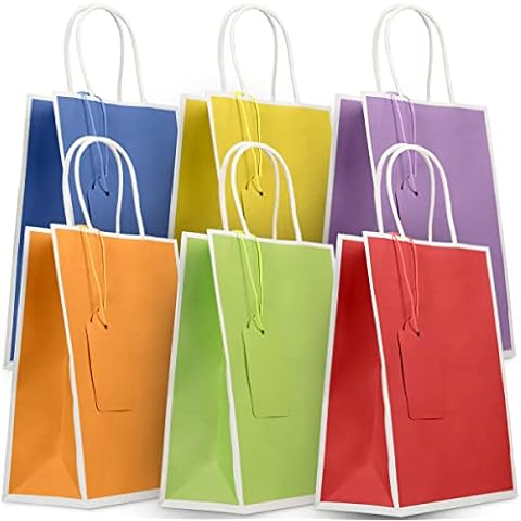 BagDream 24 Pieces 6 Colors Kraft Paper Party Favor Bags Large Gift Bags with Handles, Rainbow Goodie Bags for Kids Birthday, Wedding, Baby Shower