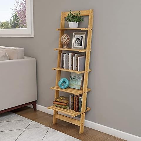 Ballucci 3-Tier Storage Ladder Shelf Bookcase, Wood Leaning Ladder Bookshelf, Black