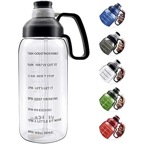 Shazo Kitchen Half Gallon 2.2L Water Bottle with Straw 74oz Large Gym Water Bottle with Storage Sleeve, Bottle Brush, Builtin Wallet, Pockets for