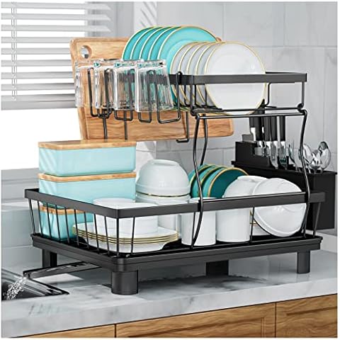 Majalis Dish Drying Rack, 2 Tier Dish Racks Drain Set with Utenil Holder  and Cutting Board, Stainless Steel Black Dish Drainer 