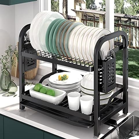 Qienrrae Dish Drying Rack, 2 Tier Large Rack And Drainboard Set
