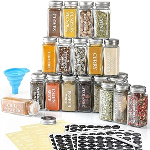 NETANY 36 Pcs Spice Jars with Labels - 4 oz Glass Spice Jars with Bamboo Lids, Minimalist Farmhouse Spice Labels Stickers, Collapsible Funnel