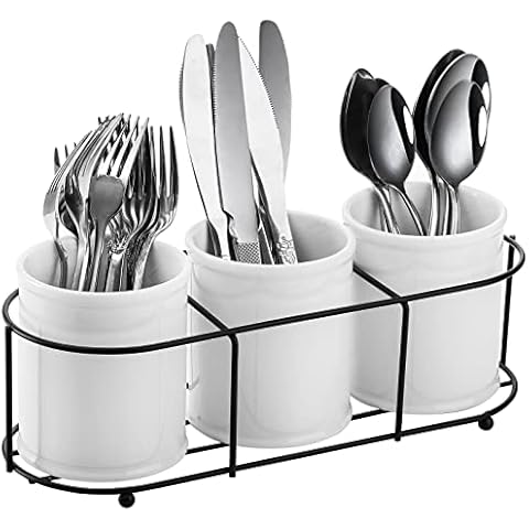  Farmlyn Creek 3 Piece White Ceramic Utensil Holder with Metal  Stand, Flatware Caddy for Cutlery, Silverware, Kitchen Organizing (White,  13 x 4 x 5 In) : Home & Kitchen