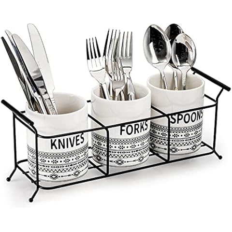  Farmlyn Creek 3 Piece White Ceramic Utensil Holder with Metal  Stand, Flatware Caddy for Cutlery, Silverware, Kitchen Organizing (White,  13 x 4 x 5 In) : Home & Kitchen