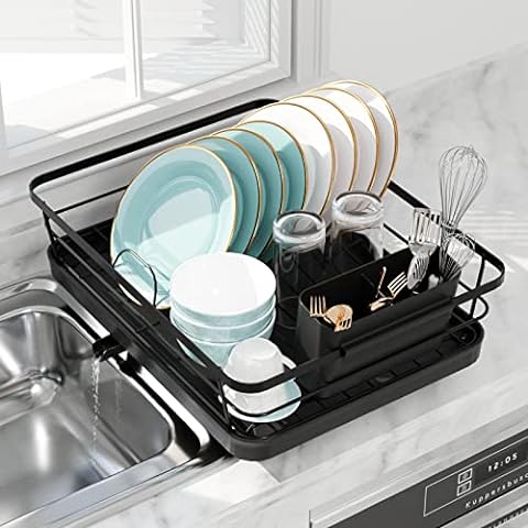 Large Dish Drying Rack , Qienrrae 2 Tier Dish Rack and Drainboard Set for Kitchen Counter, Stainless Steel Dish Drainer with Swivel Spout, Wine