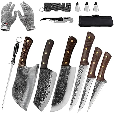 FULLHI 17pcs Butcher Knife Set include sheath High Carbon Steel Cleaver  Kitchen Chef Knife Set Whole Tang Vegetable Cleaver Home BBQ Camping with  Knife Bag 