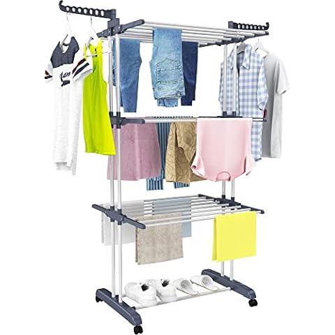 Bigzzia Clothes Drying Rack Folding Clothes Rail 4 Tier Clothes Horses Rack  Stainless Steel Laundry Garment Dryer Stand with Two Side Wings Grey