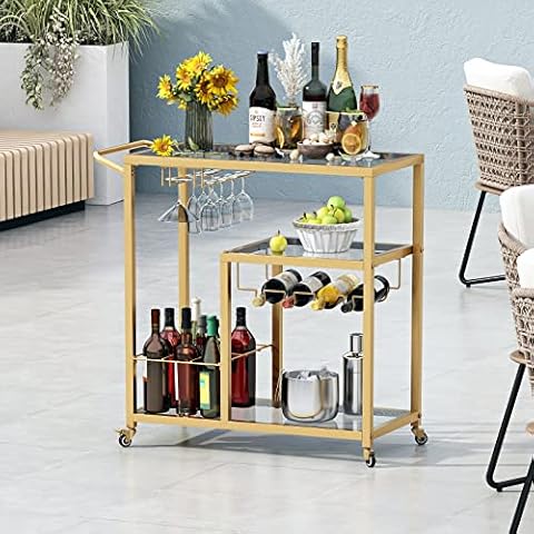 Jubao Bar Carts for The Home, 2-Tier Mobile Bar Serving Cart with Wine  Racks and Glasses Holders, Wine Cart on Wheels, Beverage Small Bar Cart for