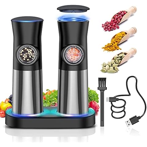 [Upgraded Larger Capacity] Sangcon Gravity Electric Salt and Pepper Grinder Set - USB Rechargeable with Dual Charging Base - Automatic One Hand