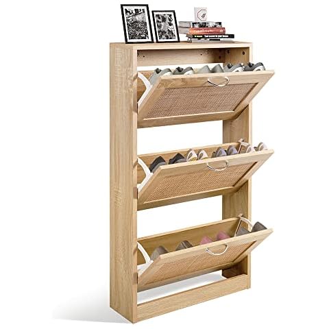 Yechen Shoe Rack Storage Organizer with 2 Natural Semi-Circular Rattan  Doors, Entryway Wooden Shoe Cabinet for Sneakers, Leather Shoes, High  Heels