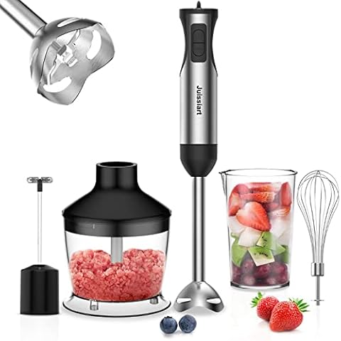 Immersion Hand Blender, iSiLER 5-in-1 500-Watt Multi-Purpose Stick Blender with 860ml Food Chopper, 600ml Container, Milk Frother, Egg Whisk, 8