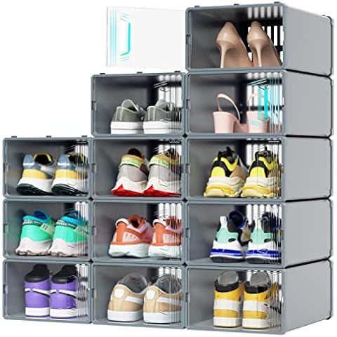 Hrrsaki 15 Pack Shoe Storage Boxes, Black Plastic Stackable Shoe Organizer  Boxes with Front Opening Lids