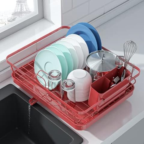 JOEY'Z Heavy Duty Sturdy Hard Plastic Sink Set with Dish Rack with Attached  Drainboard Cup Holders for Home Kitchen Counter Top Organizer - White (17