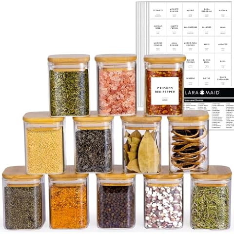 Laramaid 9oz 12Packs Glass Jars Set with Minimalist Spice  Labels, Square Spice Jars with Bamboo Lids and White Vinyl Customized  Sticker Labels, Food Storage Container Canisters : Home & Kitchen