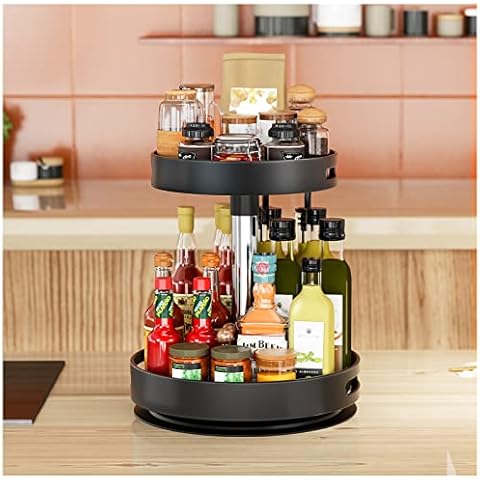 Lazy Susans Organizer 2 Tier Metal Steel, Turntable Height Adjustable, SAYZH Rotating Spice Racks for Pantry Cabinet Cupboard Table, 12 inch, Black