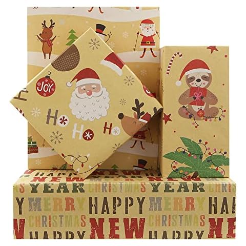 Larcenciel Christmas Wrapping Paper W/Christmas Gift Tags, Santa Claus Stickers & Ribbons, 10 Pcs Xmas Gift Wrapping Paper, Kraft Vintage Wrapping