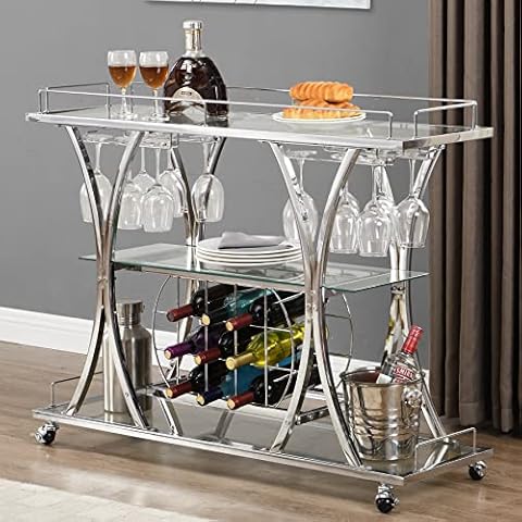 HOMYSHOPY Acrylic Bar Cart with Wine Rack & Glass Holder, 2-Tier Silver  Rolling Cart, Chrome