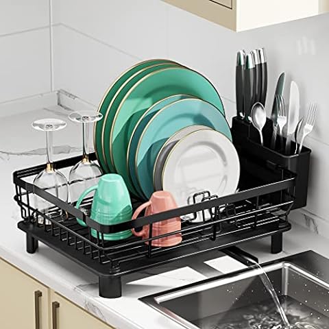 SAYZH Dish Drying Rack - Expandable Dish Rack for Kitchen Counter,  Stainless Steel Dish Drainers with Drainaboard, Cabinet Dry Rack Dishes  with Cup