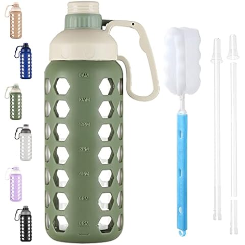 Shazo Kitchen Half Gallon 2.2L Water Bottle with Straw 74oz Large Gym Water Bottle with Storage Sleeve, Bottle Brush, Builtin Wallet, Pockets for