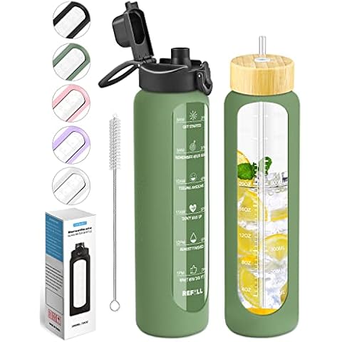 Ttifangix 50 oz Glass Water Bottle Wide Mouth with Time Markers, Bamboo Lid, Neoprene Sleeve BPA Free