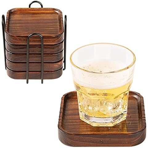 Set of 6 Bamboo Wood Coasters with Holder for Coffee Table, Hot Drinks,  Beverages, Housewarming Gift (4.3 in)