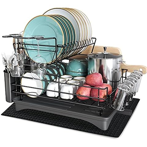 DOLRIS Dish Drying Rack, Dish Drainer for Kitchen Counter, SUS304 Stainless  Steel Dish Rack with Utensil Holder and Dish Drying Mat, Silver