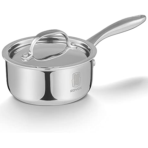 SLOTTET Tri-Ply Whole-Clad Stainless Steel Sauce Pan with Pour Spout ,1.5  Quart Small Multipurpose Pasta Pot with Strainer Glass Lid, Saucepan for