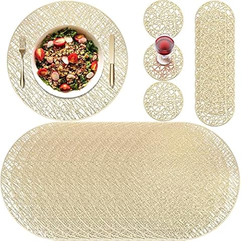 DEAYOU Set of 12 Round Pressed Vinyl Placemats, Gold Wedding Accent  Centerpiece Placemat, Non-Slip Placemats for Dining Table, Kitchen, Decor,  15