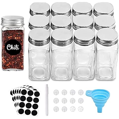 Tianifa 6 Pcs Glass Spice Jars/Bottles -3oz Empty round Spice Containers  with Airtight Metal Caps with Shaker Lids (6, Stainless Steel Lids)