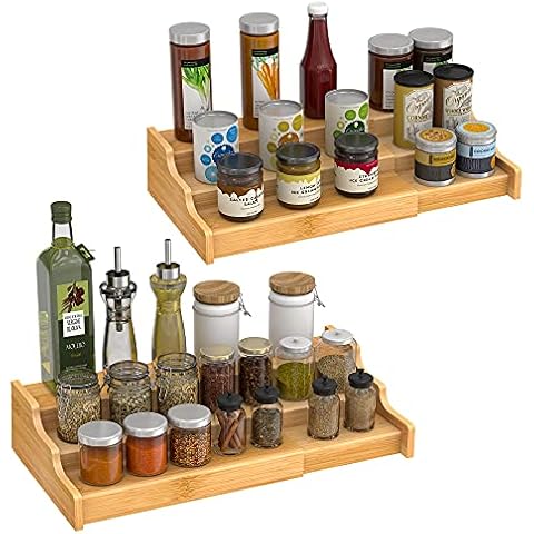 Derkniel 3 Tier Expandable Bamboo Spice Rack Cabinet Step Shelf Organizer  for Kitchen Pantry Countertop Cupboard