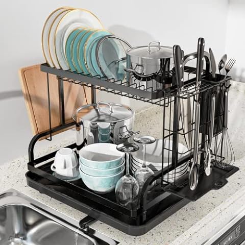  Sakugi Sink Drying Rack - Dish Rack with Drainboard for  Kitchen Counter - Multifunctional Expandable Dish Drying Rack Used Over  Sink, in Sink & on Countertop, Black