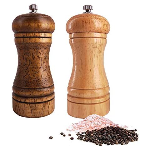 CB Accessories Wood Salt and Pepper Grinder Set with Holder, Manual Sea Salt, Peppercorn and Spice Mill, Glass Container, Adjustable Coarseness