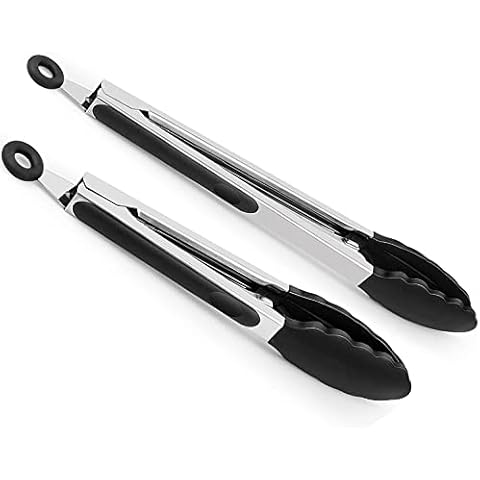 STARUBY Cooking Tongs 9 inches and 12 inches Stainless Steel Kitchen  Silicone Serving Tongs Heat Resistant Meat Turner Spatula Tongs Fish Tongs  with Locking Handle Joint (Black)_Staruby