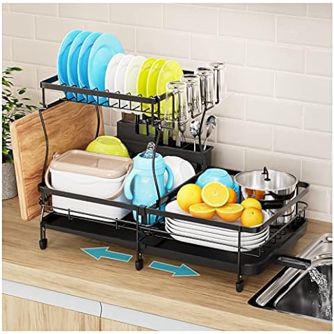 Qienrrae Dish Drying Rack, 2 Tier Large Rack and Drainboard Set with Swivel  Spout, Stainless Steel Drainer for Kitchen Counter Wine Glass Holder