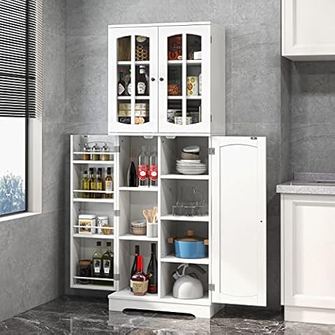 Yusong Kitchen Pantry Storage Cabinet Cupboard with Doors and 6 Adjustable  Shelves for Small Space, Farmhouse Pantries Organization Cabinets for  Dining Room, Living Room, Gray 