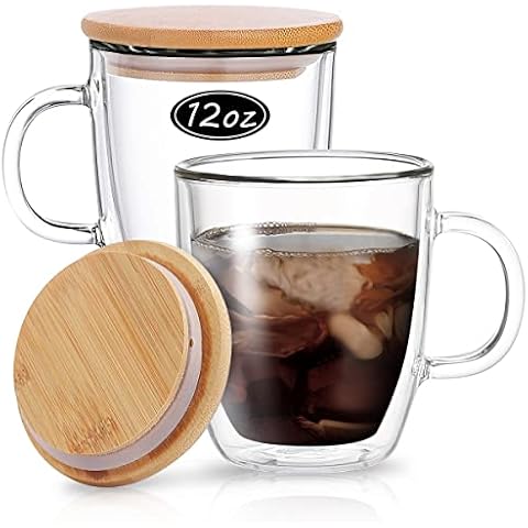 Bivvclaz 2-Pack 16 oz Double Wall Glass Coffee Mugs, Large