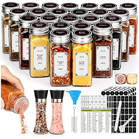 Aozita 24 Pcs Glass Mason Spice Jars/Bottles - 4oz Empty Spice Containers  with Spice Labels - Shaker Lids and Airtight Metal Caps - Si